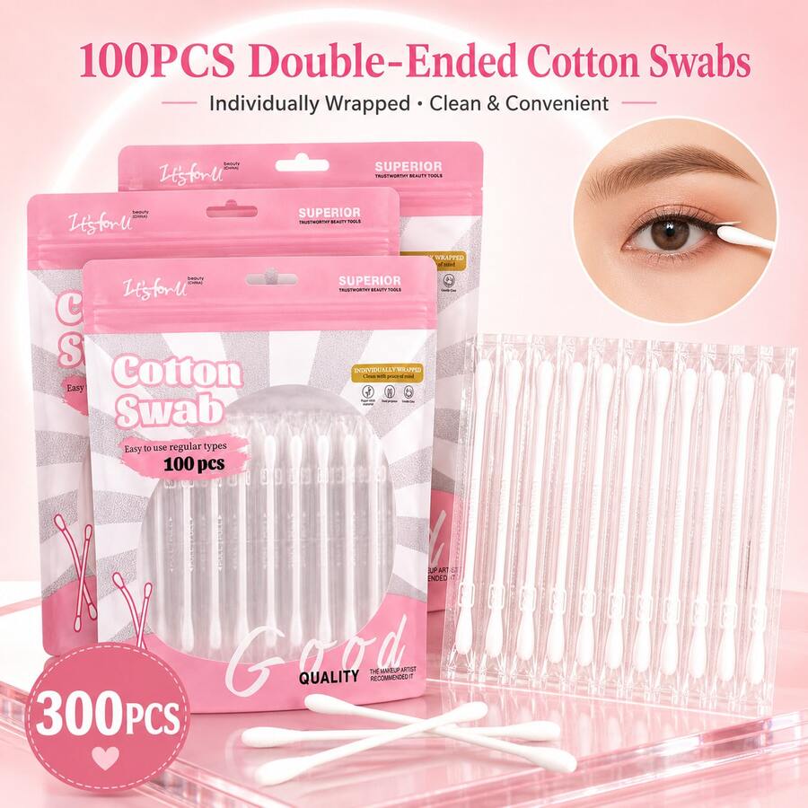 MONKIDS 3 Packs*100PCS Disposable Ear And Nose Cleaning Swabs Set, Individually Wrapped, Disposable Ear Canal Cleaning Swabs, Portable Home Use Cotton Swabs, Earwax Removal Tool, Suitable For Makeup And Ear Cleaning, Ideal For Daily Personal Care And Home Use. - View 1