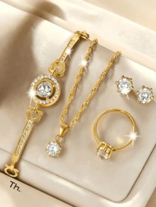 5pcs Elegant Heart Zirconia Jewelry Set, Twisted Chain Necklace, Stud Earrings & Open Ring Combination - Gold - View 6