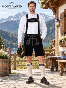 Herrarnas bayerska Oktoberfest-outfitset, rutig skjorta med broderade lederhosen-shorts, traditionell alpin stil med hängslen kostym - Svart hängslen - Visa 14