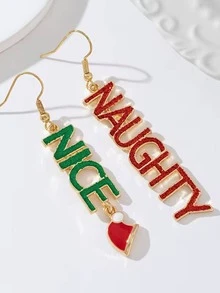 1 Pair Naughty & Nice Gold Shiny Christmas Letter Pendant Earrings With Santa Hat Charm, Asymmetrical Red & Green Christmas Color Earrings, Suitable For Girls, Holiday Party Gift - Multicolor - View 3
