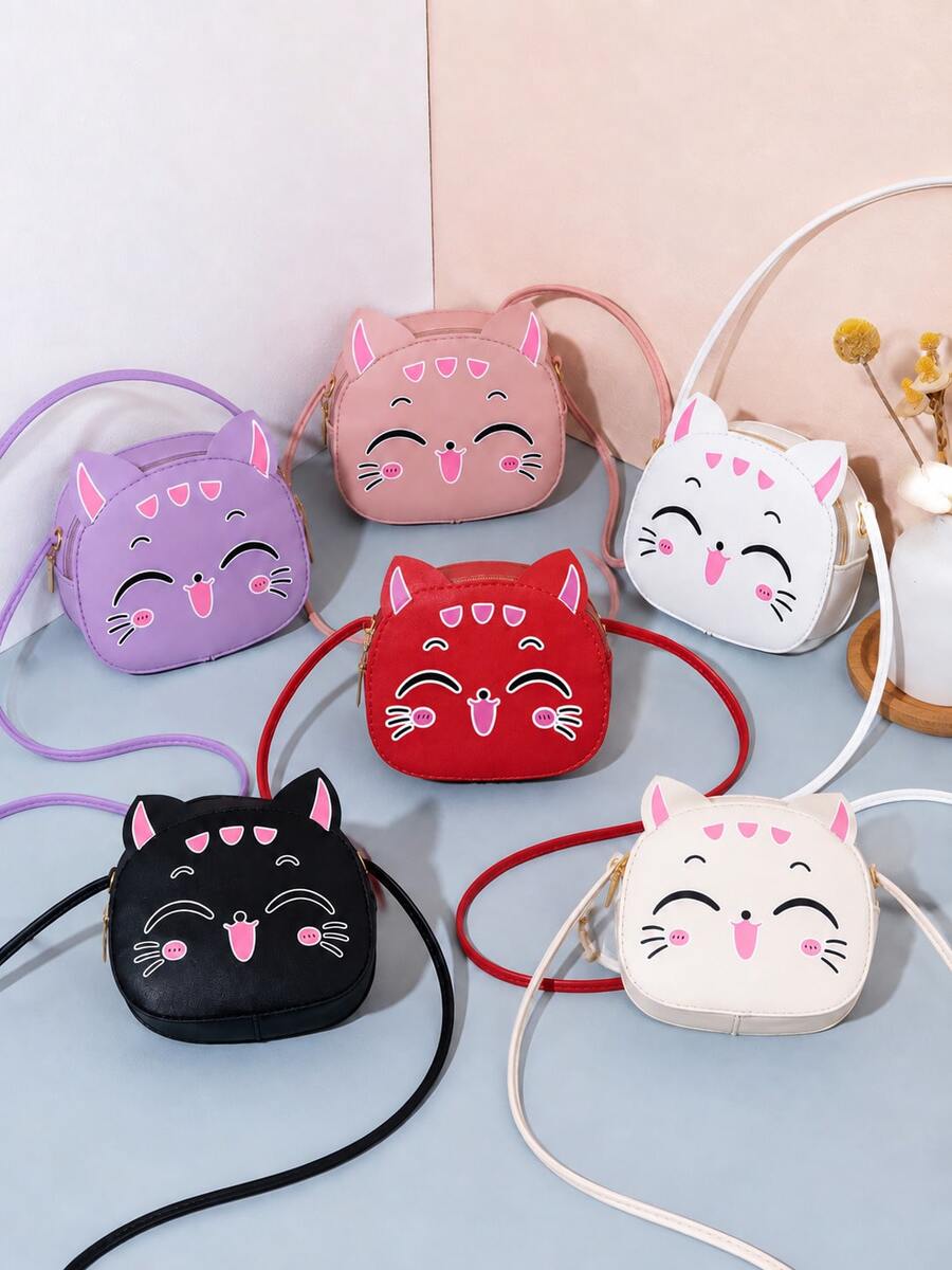 1pc Girls Cute Cat Shaped Crossbody Bag, Adorable Cat Mini Round Shoulder Bag, Coin Purse, Everyday Accessory & Holiday Gift - Multicolor - View 1