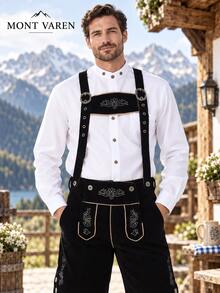 Herrarnas bayerska Oktoberfest-outfitset, rutig skjorta med broderade lederhosen-shorts, traditionell alpin stil med hängslen kostym - Svart hängslen - Visa 7