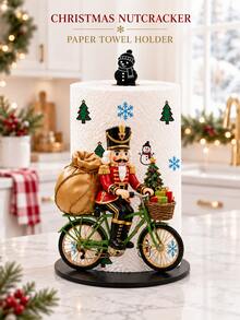 2D FLAT Christmas Decorative Paper Towel Holder - Kitchen Paper Towel Rack (No Power Light) - Desktop Paper Towel Holder (Combines Display And Storage Functions), Fun Cycling Nutcracker Design, Suitable For Kitchen, Bathroom, Living Room And Dining Room, Decorative Ornament To Create A Warm Christmas Atmosphere - Multicolor - View 3
