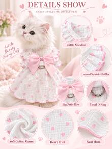 Princess Style Cat Dress, Pink Heart Print, Layered Ruffle Shoulder Decor And Large Satin Bow, Soft Cotton Gauze Fabric, With D-Ring Chest Harness, Suitable For Small Pets Summer Daily Wear - New Arrival - Pink - View 3