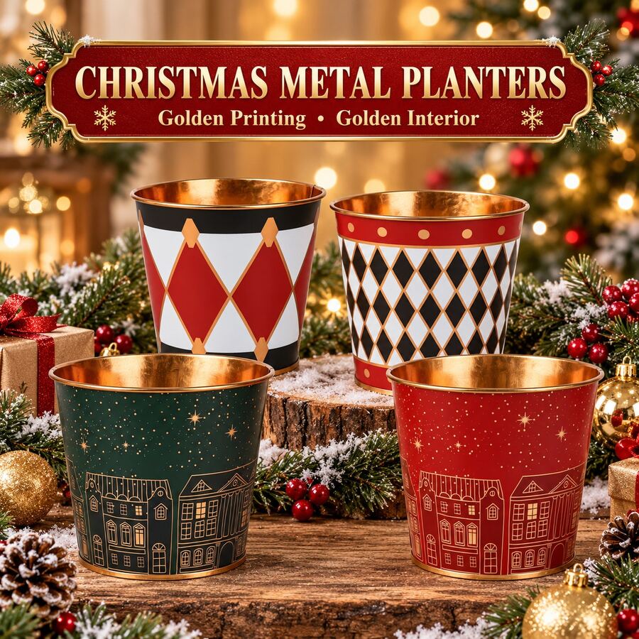 2Pcs Christmas Metal Planters With Golden Interior, Festive Decorative Flower Pots With Golden Printing, Small Round Plant Containers For Holiday Table Centerpiece, Home Decor, Party And Gift Basket - Christmas Flower Pot - View 1
