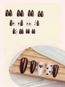 24pcs Medium Almond Heart Pattern Y2K Minimalist Glossy Full Coverage Fake Nail Tips, Suitable For Women & Girls Daily Wear, Applicable For Autumn/Winter Season - Brown - View 2