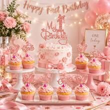 1pc/12pcs One Cupcake Toppers Glitter 1st Birthday Cupcake Picks For Baby Shower First Birthday Party Cake Decorations Supplies - Multicolor - View 4