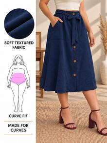 Falda Curvy Midi Azul Marino de Cintura Alta con Cinturón Ajustable, Bolsillos y Botones Frontales para Mujer - Azul Marino - Ver 1