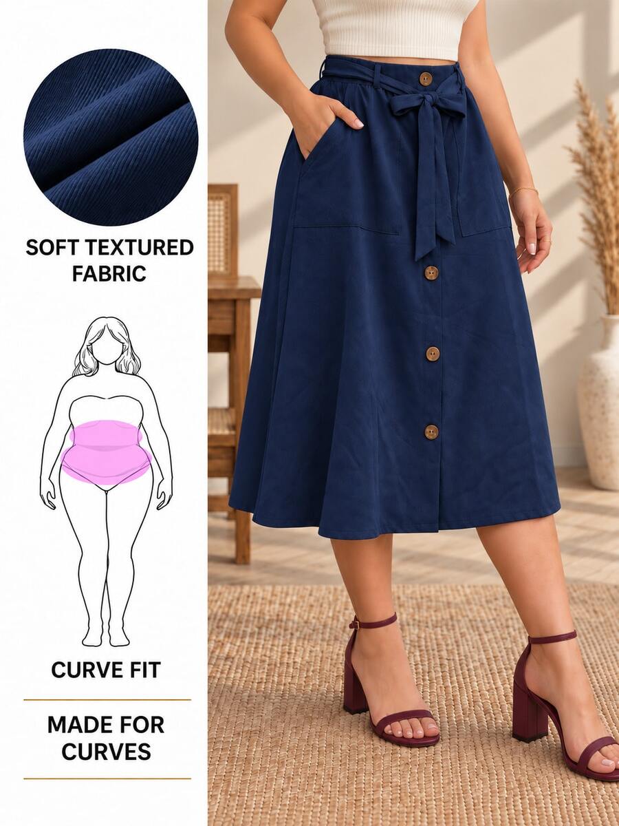 Falda Curvy Midi Azul Marino de Cintura Alta con Cinturón Ajustable, Bolsillos y Botones Frontales para Mujer - Azul Marino - Ver 1