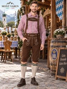 Red Gingham Cotton Shirt Oktoberfest Style - Burgundy Plaid - View 3