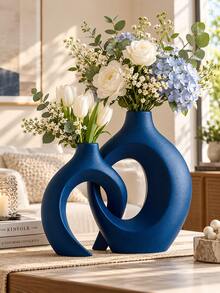 Blue Anti-Flower Vase For Modern Home Decor - Matte "Embrace" Shaped Hollow Vase (2pcs Set), Suitable For Dining Table Center, Office Bookshelf Or Living Room - Multicolor - View 2