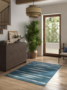 1PC Deep Blue & White Geometric Vertical Stripe Area Rug, Faux Cashmere Material Rectangular Bohemian Ikat Pattern, Machine Washable Suitable For Living Room Bedroom Daily Home Decor, Aesthetic Home Decoration - Multicolor - View 8