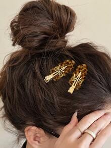 2pcs Leopard Print Cloud Acetate Duckbill Side Hair Clips, Elegant Bow Exquisite Bangs Hair Clips, Loose Hair Clips. Perfect Hair Accessories For Autumn/Winter. - Brown - View 2