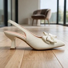 Fashionable Women's Beige Pointed Toe Bow High Heels, Comfortable And Stylish, Suitable For Workplace, Party Or Autumn/Winter Daily Wear - Off White - View 8