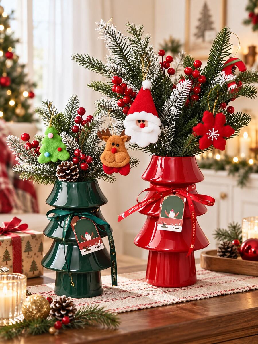 Resin Christmas Tree Vase, Red Green Holiday Flower Vase, Festive Tabletop Centerpiece For Christmas Home Decor, Living Room, Dining Table, Fireplace Mantel, Entryway, Shelf And Xmas Gift - Multicolor - View 1