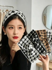 3pcs Random Color Mixed Autumn/Winter Women's Headband Hair Accessory Houndstooth Knitted Woolen Hair Tie Wide Edge Headwrap, Daily Outdoor Wear - Multicolor - View 3