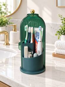 1pc Dustproof Toothbrush Holder With Ribbed Cover, Multi-Compartment Bathroom Countertop Organizer For Toothbrushes, Toothpaste & Daily Essentials, White/Green - Multicolor - View 7