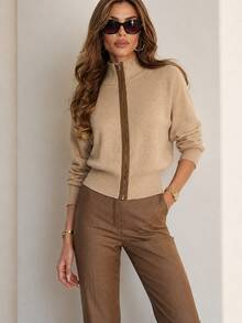 Women's Autumn/Winter Stand Collar Zip-Up Knit Cardigan, Raglan Long Sleeve Slim Fit Solid Color Casual Short Sweater Jacket - Camel - View 2