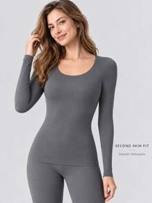 Women's Ultra-Thin Warm Thermal Base Layer Top, Long Sleeve Round Neck High Elastic Slim Fit Undershirt, Autumn/Winter - Grey - View 2
