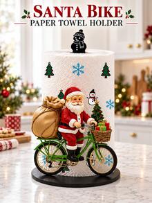 2D FLAT Christmas Decor Kitchen Paper Towel Holder (No Power Light) - Desktop Tabletop Roll Holder With Display And Storage Function, Fun Cycling Santa Claus Design, Suitable For Kitchen, Bathroom, Living Room And Dining Room, Decorative Ornament To Create Warm Christmas Atmosphere - Multicolor - View 6