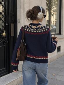 Women's Festive Jacquard Knitted Cardigan Sweater Boho Long Sleeve Stand Collar Regular Fit Top For Fall Winter - Multicolor - View 6