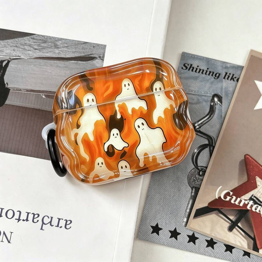 Warm Orange Flame Ghost Pumpkin Theme Earphone Protective Case, Paired With Black Round Ring Buckle, Transparent Warm Orange Gradient Shell Body, Floating Multiple White Little Ghosts, Background With Flame-Like Orange Texture, Full Of Halloween Atmosphere. Wavy Soft Shell Contour, Shell Fits Earphone Body Perfectly, Precise Charging Port Opening, Unobstructed Earphone Opening And Closing, Easy And Smooth Installation And Removal. - Orange - View 1