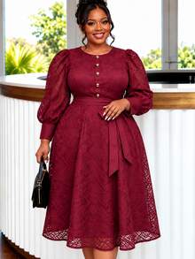 Vestido A-Line AOMEI Vintage Elegante Plus Size Vermelho de Natal com Renda, Manga Bufante e Amarração na Cintura, Adequado para Igreja, Convidado de Casamento, Festa de Aniversário e Ocasiões Formais - Vinho - Visão 2