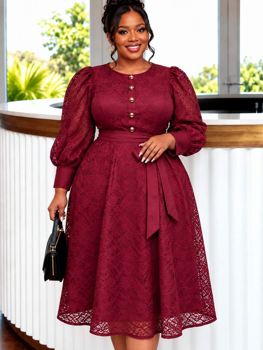 Vestido A-Line AOMEI Vintage Elegante Plus Size Vermelho de Natal com Renda, Manga Bufante e Amarração na Cintura, Adequado para Igreja, Convidado de Casamento, Festa de Aniversário e Ocasiões Formais
