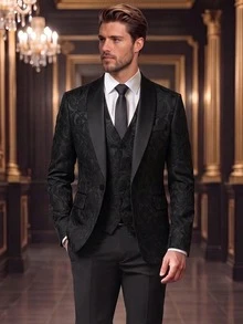 Men's 3 PiecesGentleman Jacquard Formal Vest Suit Set, Suitable For Daily Wear, Parties, Banquets, Weddings, Casual Commuting - Black - View 9
