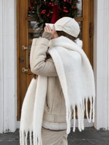 1pc Solid Color Tassel Decor Scarf, Elegant Thick Unisex Scarf, Autumn/Winter Fashion Accessory - White - View 4