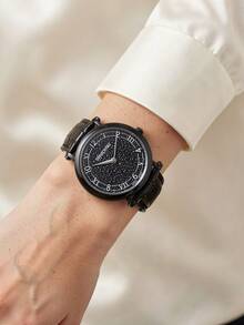 Swarovski 1pc Black Tone Round Quartz Wrist Watch With Glass Rhinestone Dial, PU Leather Strap Vintage Women Watch For Daily Party - Black - View 3