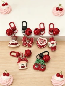 3pcs Random Mixed Cartoon Vintage Berry Red Heart Bow Cherry Cake Bell Keychains, Japanese Girly Style Best Friend Gift, Backpack Charm, Versatile Holiday Gift - Multicolor - View 2