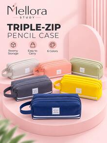 1Pc/6pcs Large Capacity Canvas Pencil Case With Handle, Double Zipper Multi‑Layer Pencil Pouch, Solid Color Portable Stationery Bag For Students Back To School Supplies - Double Zipper - View 4
