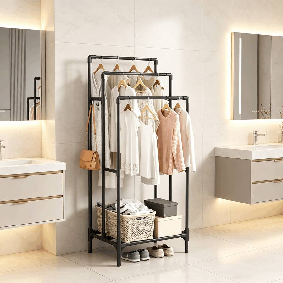 Heavy-Duty Vertical Coat & Hat Storage Rack, Thickened Steel Tube Sturdy & Wobble-Free, 3-Tier Partitioned Hanging Design, Side Hooks & Storage, Bottom Shoe Rack Shelf, Home Floor Standing Clothes Rack - Floor-length Style - View 1