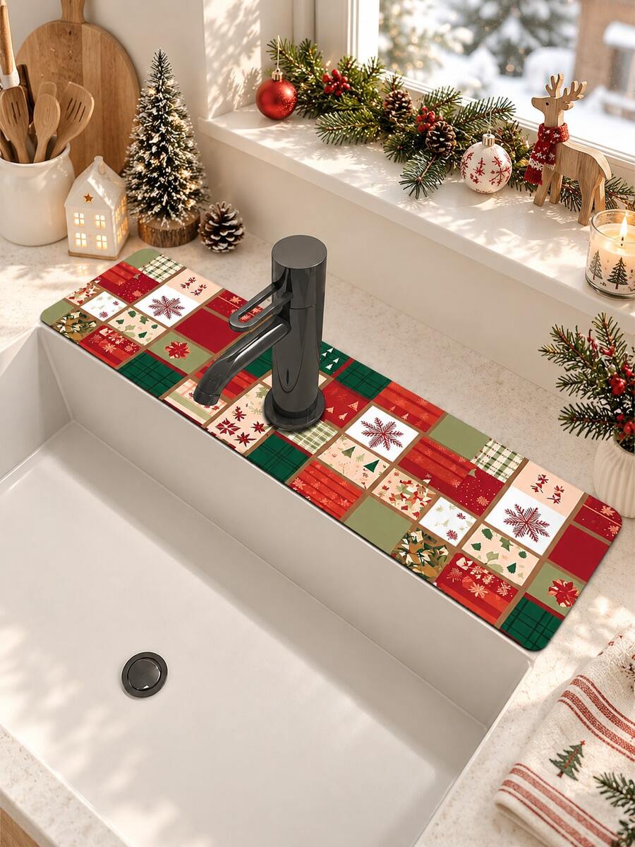 1pc Sink Faucet Absorbent Mat, Christmas Floral Pattern, Drainage Mat, Suitable For Kitchen, Bathroom Sink, Countertop, Drainage Mat, Diatomaceous Earth Material, Trimmable, Quick-Drying Mat - Multicolor - View 1