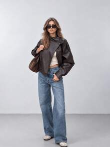 HZXVIC Women's Autumn New Arrival Retro American Cool Girl PU Leather Standing Collar Heavy-Duty Design Jacket Coat - Brown - View 4