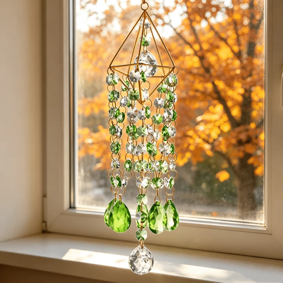 Crystal Suncatcher Wind Chime With Gold-Plated Frame, Hanging Ornament For Window And Garden Decoration - 1pc - View 1