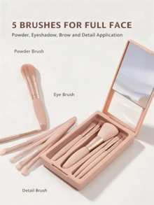 5PCS Rose Gold Soft Fluffy Makeup Brush Set With Portable Mirror, Soft Bristles Skin-Friendly, Includes Multiple Makeup Tools, Easy To Store And Carry, Suitable For Daily Makeup, Also Perfect As Exquisite Gift For Halloween And Christmas - Multicolor - View 9