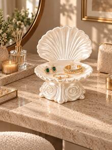 1pc Pearl White Shell Jewelry Display Tray With Exquisite Floral Base, Fashionable Storage For Rings, Earrings, Necklaces And Bracelets, Decorative Organizer For Vanity, Bedroom, Bathroom Countertop Or Entryway | Jewelry Storage Box, Shell Tray, Ring Holder, Gift - Multicolor - View 3