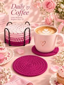 9Pcs/Set Cute Pink Handmade Braided Coaster Set With Storage Holder, Heat Resistant Non-Slip Reusable Drink Mat, Woven Coffee Tea Mug Pad, Aesthetic Fall Home Kitchen Dining Decor, Holiday Gift For Christmas Thanksgiving & Daily Use. Room Decor - Multicolor - View 2