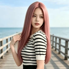 Women's 28-Inch Pink Long Straight Synthetic Wig - Natural Look, Middle Part Design, Suitable For Daily Wear, Party Dress-Up, Halloween, Holiday Headwear, Photography Styling, Cosplay - Pink - View 5