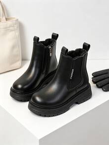 1 Pasang Sepatu Bot Rocker Hitam untuk Anak Perempuan, Sepatu Bot Ankle dengan Resleting Samping PU, Sol Tebal dengan Sisipan Elastis, Ujung Bulat, Cocok untuk Sekolah dan Pemakaian Sehari-hari - Hitam - View 5