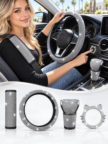 4pcs Sparkling Rhinestone Car Interior Accessories Set For Women, Cat Ear Start Button Ring, No Inner Ring Steering Wheel Cover, Gear Shift Cover And Seat Belt Shoulder Pad - Driver's Seat Set - View 10