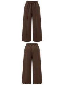 Women's Casual Loose Minimalist Solid Color Elastic Waist Sweatpants With Pockets - Coffee Brown - View 9