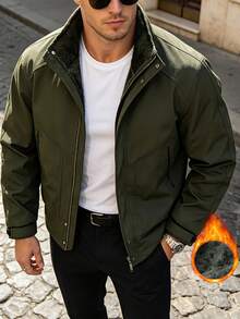 American Vintage Thermal Lined Workwear Jacket Men Stand Collar Zipper & Button Style Winter Thickened Durable Multi-Pocket Coat - Army Green - View 1