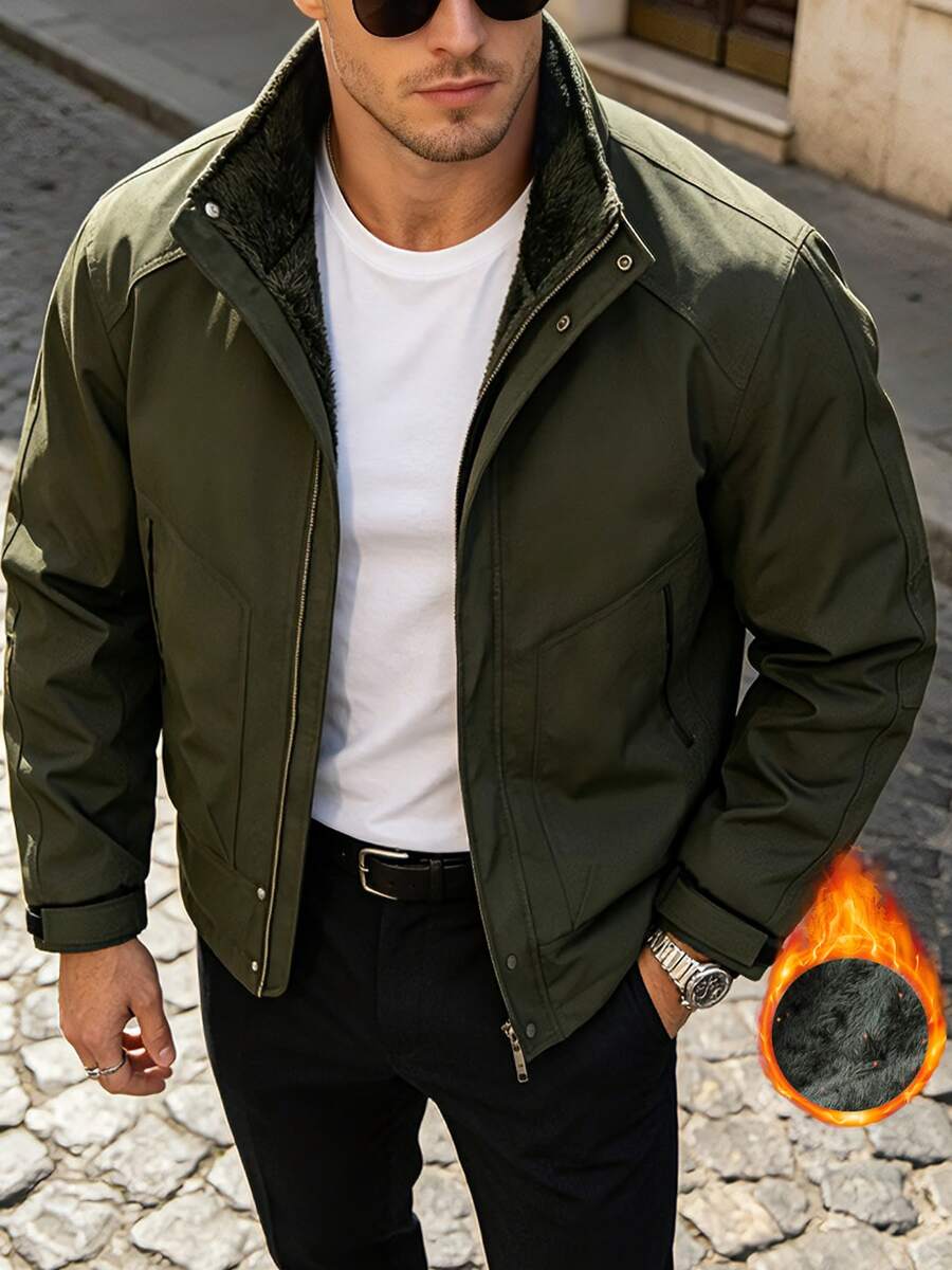 American Vintage Thermal Lined Workwear Jacket Men Stand Collar Zipper & Button Style Winter Thickened Durable Multi-Pocket Coat - Army Green - View 1