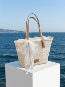 CAJUNI Women's Lace Underarm Bag, Bow Decor, Minimalist Large Capacity, Suitable For Beach, Commute, Daily Use, Gift Choice, Large Capacity - White - View 2