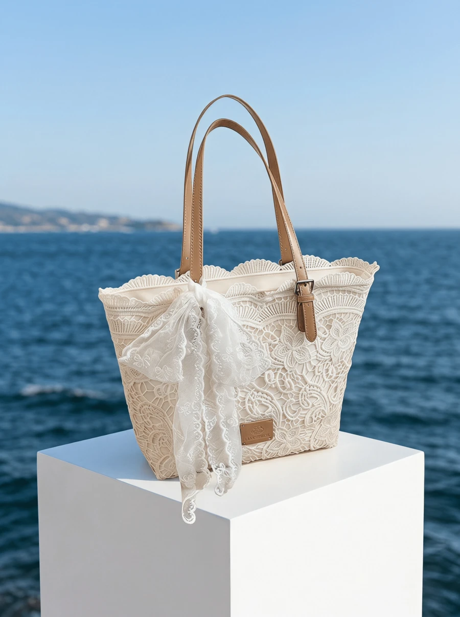 CAJUNI Women's Lace Underarm Bag, Bow Decor, Minimalist Large Capacity, Suitable For Beach, Commute, Daily Use, Gift Choice, Large Capacity