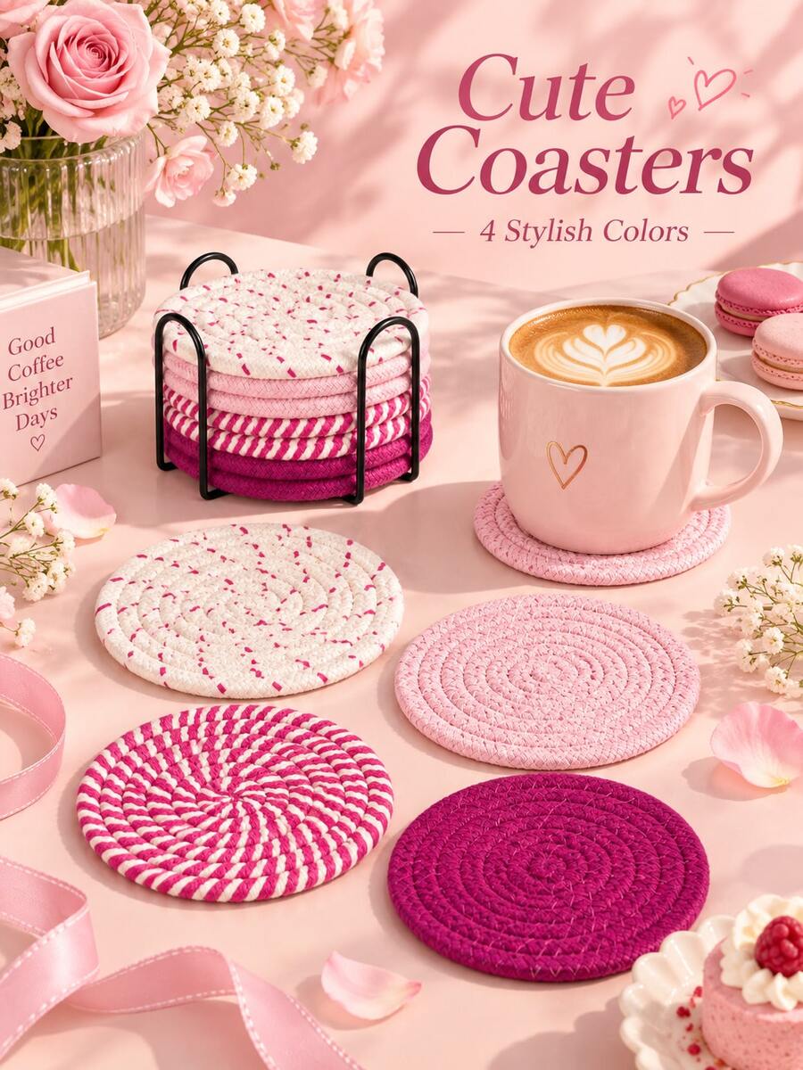 9Pcs/Set Cute Pink Handmade Braided Coaster Set With Storage Holder, Heat Resistant Non-Slip Reusable Drink Mat, Woven Coffee Tea Mug Pad, Aesthetic Fall Home Kitchen Dining Decor, Holiday Gift For Christmas Thanksgiving & Daily Use. Room Decor - Multicolor - View 1