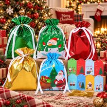 35 Pack Christmas Gift Bags Set, 5 Drawstring Gift Bags 24 X 32 Cm With 30 Assorted Christmas Gift Tags & Ties, Metallic And Printed Holiday Gift Packaging Bags For Xmas Party Presents - Multicolor - View 4